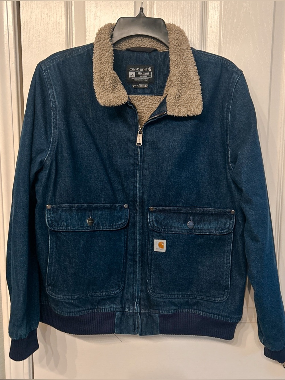 Carhartt Women’s Denim Sherpa Lined Jean Jacket Blue Sz L Relaxed 105446 NWOT